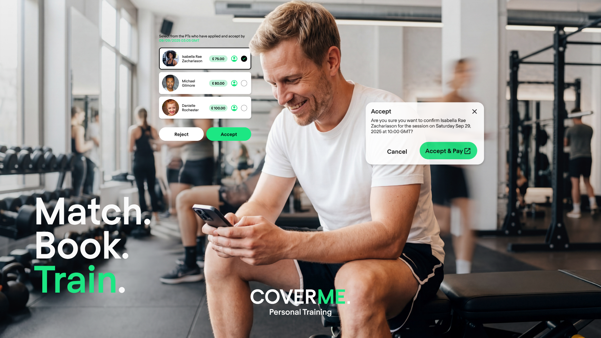 A member checking the CoverMe PT app on a gym bench, accepting a confirmed PT booking