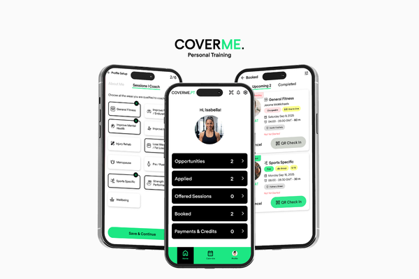 Three CoverMe PT app screens: member goal selection, member home with opportunities, and a booked session ready for QR check-in