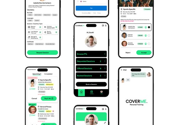 The PT side of CoverMe PT: profile, browse and request sessions, session pricing and offered bookings across multiple commercial models